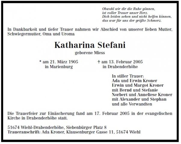 Miess Katharina 1905-2005 Todesanzeige